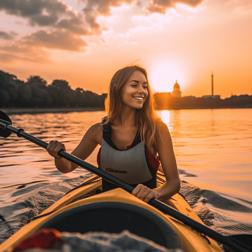 woman kayaking in dc at sunset