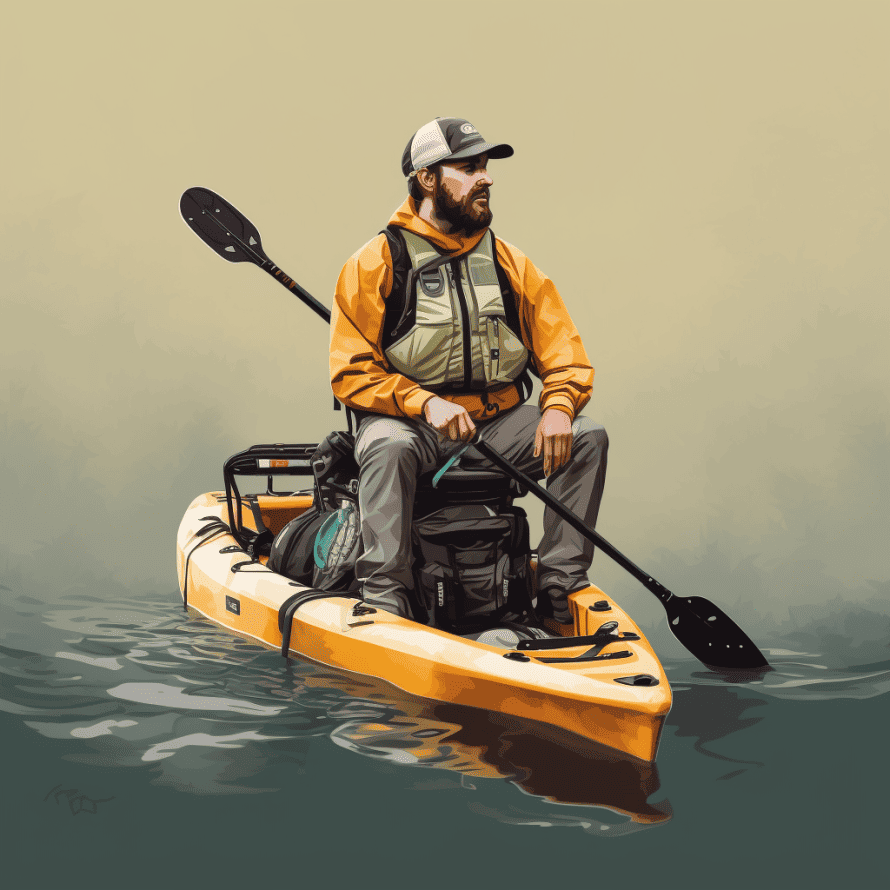 fishing from a kayak, man with fishing pfd life jacket and gear