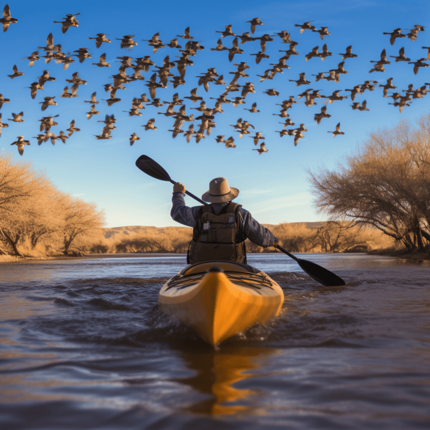 best duck hunting kayak with a man navigating a lake with ducks flying over